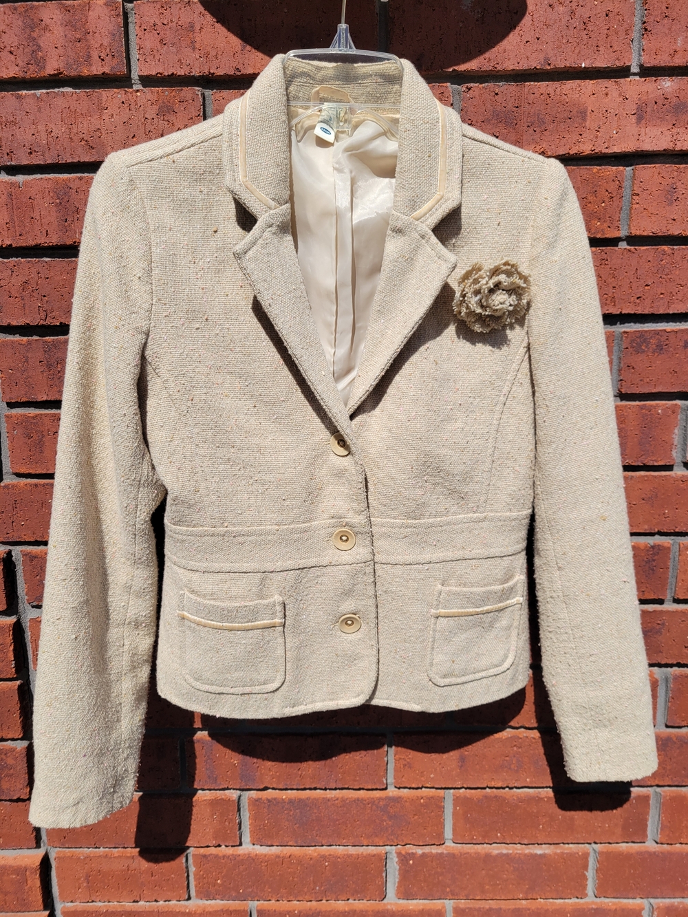 Vintage Women's Old Navy Wool Blend Oatmeal Tweed Blazer with Floral Pin Size S